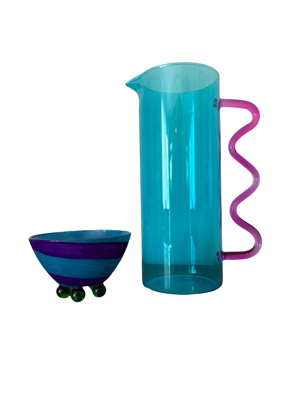 Modern Memphis Style Glass Pitcher & French Footed Colorful Bowl Set - Picture 2 of 10